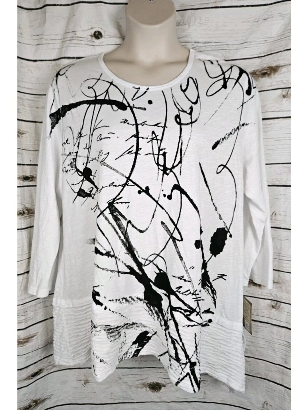 Jess & Jane White Printed Knit Tunic Top 2X 100% Cotton NEW Pleated Asymmetrical